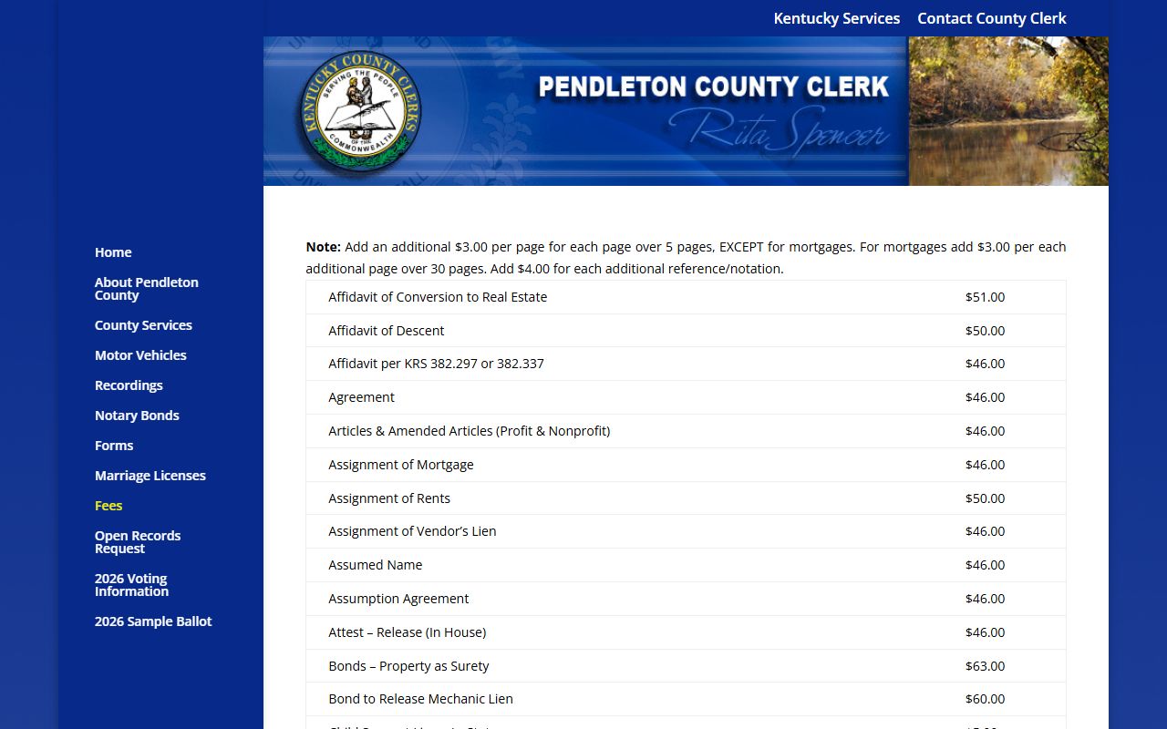 Pendleton County Circuit Court Clerk and County Clerk fee schedule