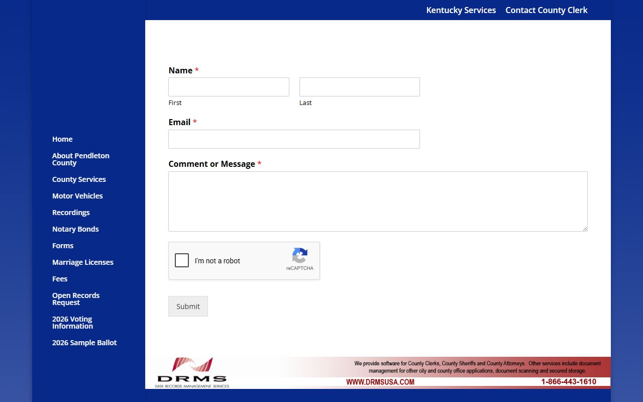 Pendleton County Circuit Court Clerk and County Clerk contact form fields