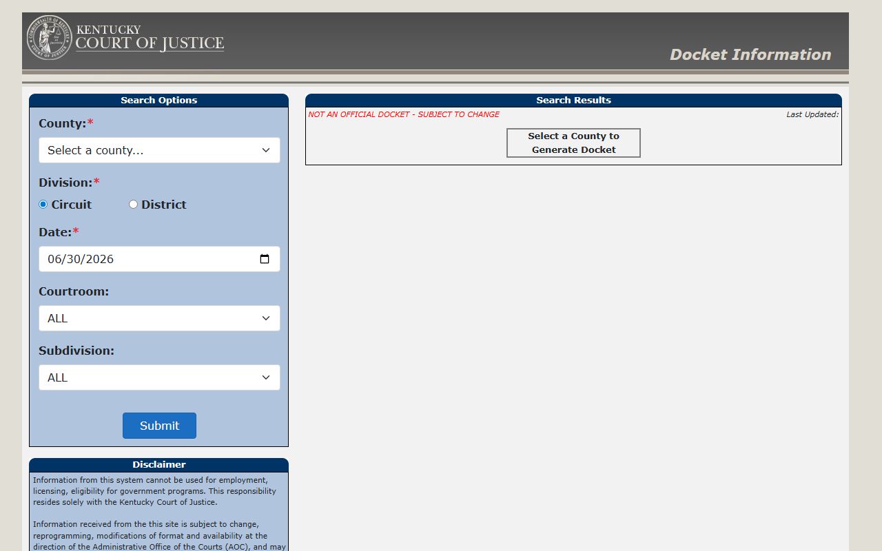 Pendleton County court dockets Kentucky docket search portal