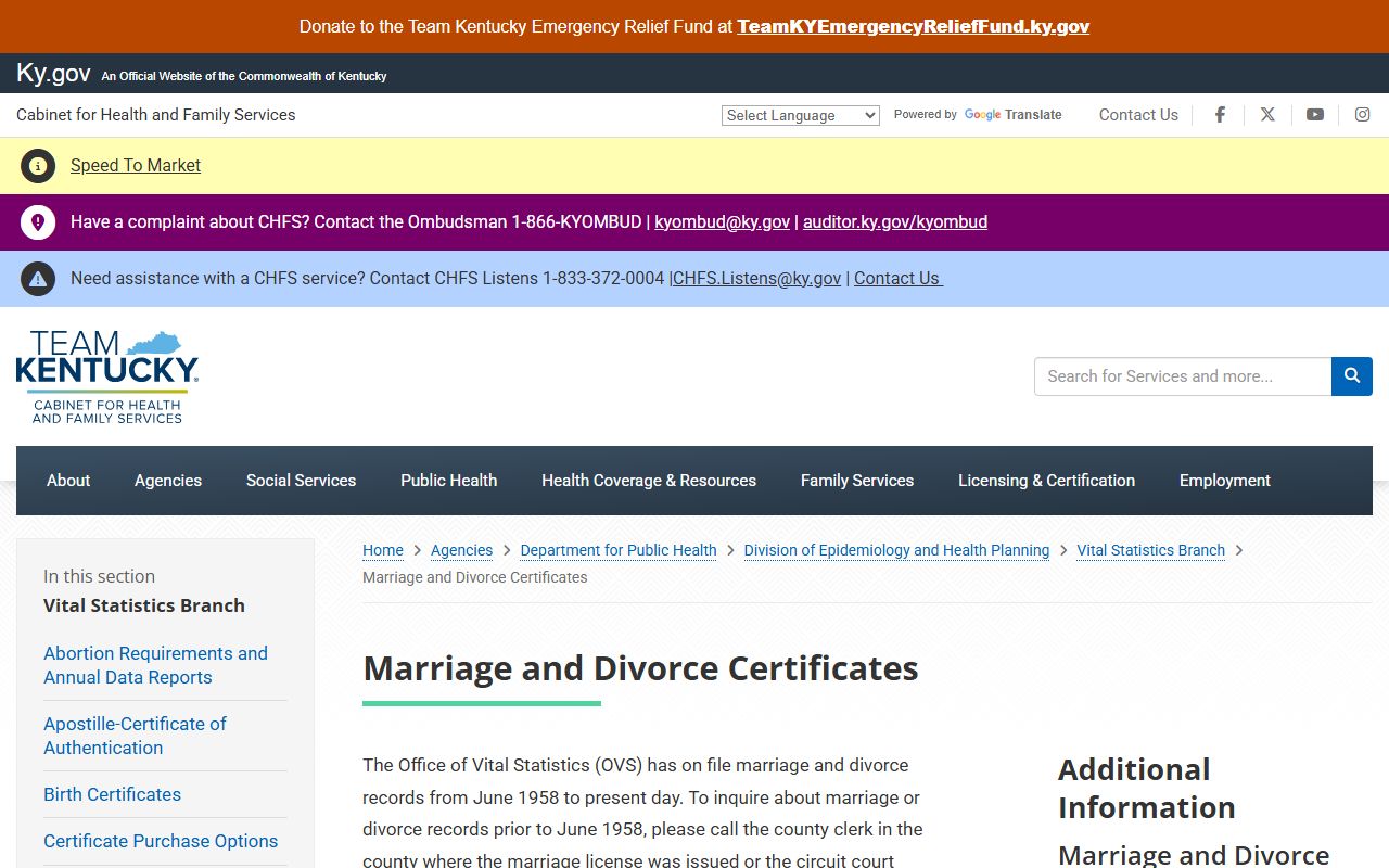 Pendleton County marriage and divorce records CHFS vital records coverage
