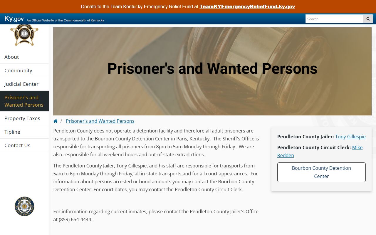 Pendleton County warrant records prisoners and wanted persons page